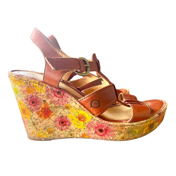 Born Shoes - Anthropologie Handmade Floral Cork Platform Wedges Brown Leather Born Sandals 11